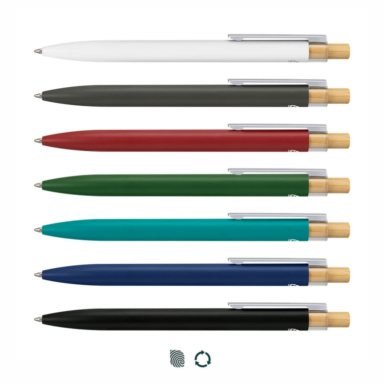 A selection of metal pens in white, black, green, blue, red, and teal, featuring wooden accents and a logo.