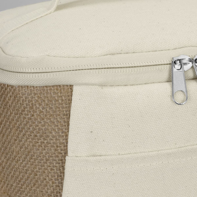 A Jute Cooler Bag in cream and tan, featuring a zip closure and a pocket detail on the side.
