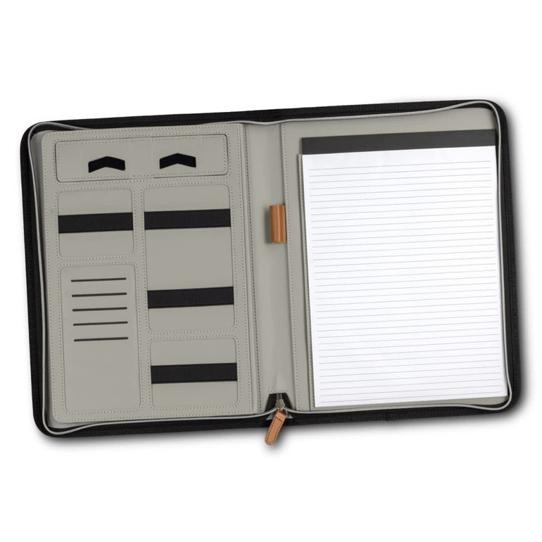 A black Nirvana Portfolio with grey interior features card slots, elastic bands, and a lined notepad.