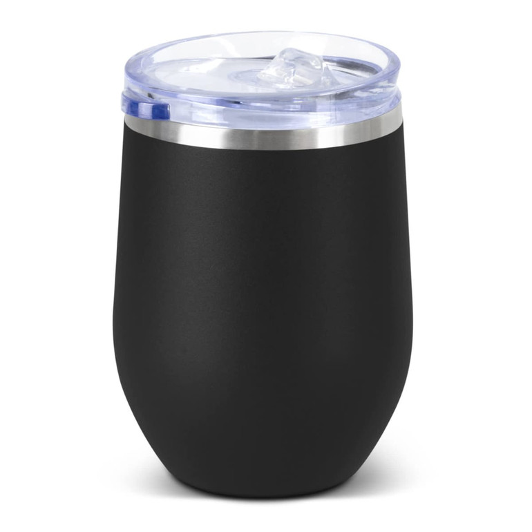 A drink bottle in matte black with a clear lid and a stainless steel rim, featuring a branded logo.
