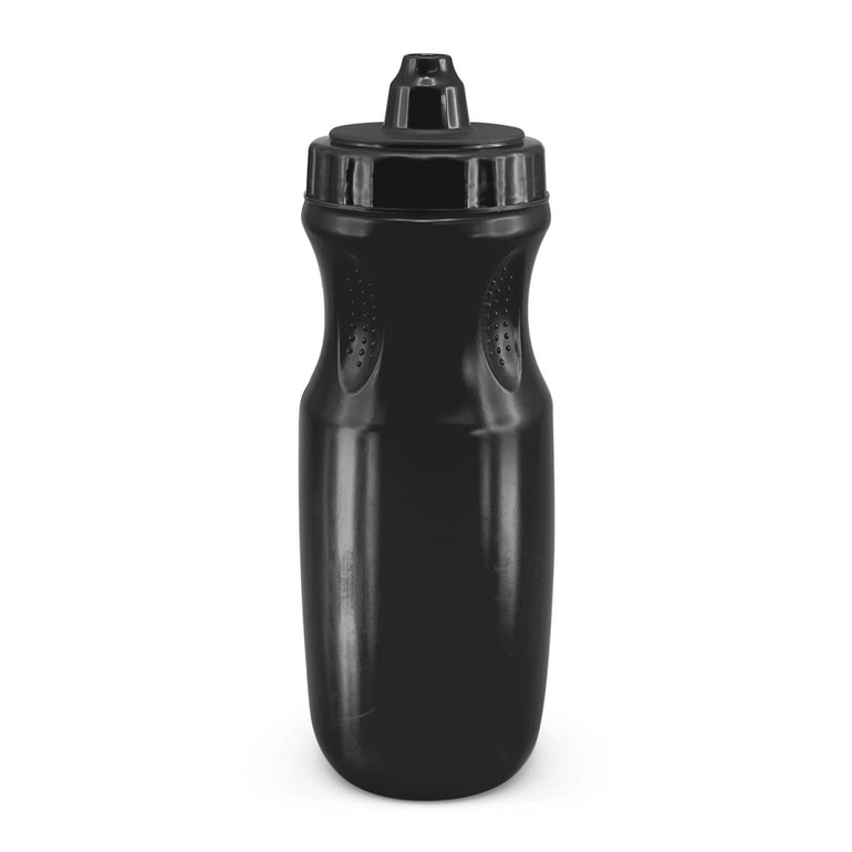 A drink bottle in a sleek black design with a secure twist cap and textured grip areas for easy handling.