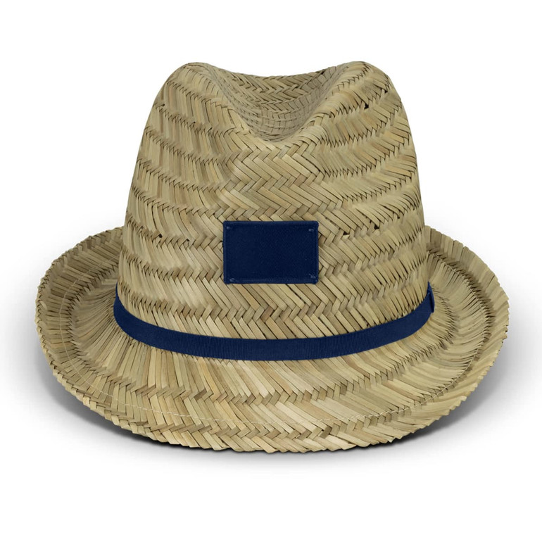 A straw fedora hat features a wide brim and a navy band, with a blank area for branding.