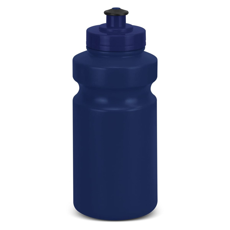 A drink bottle in navy blue with a screw-on lid and a spout. It has a rounded, ergonomic shape and a logo.