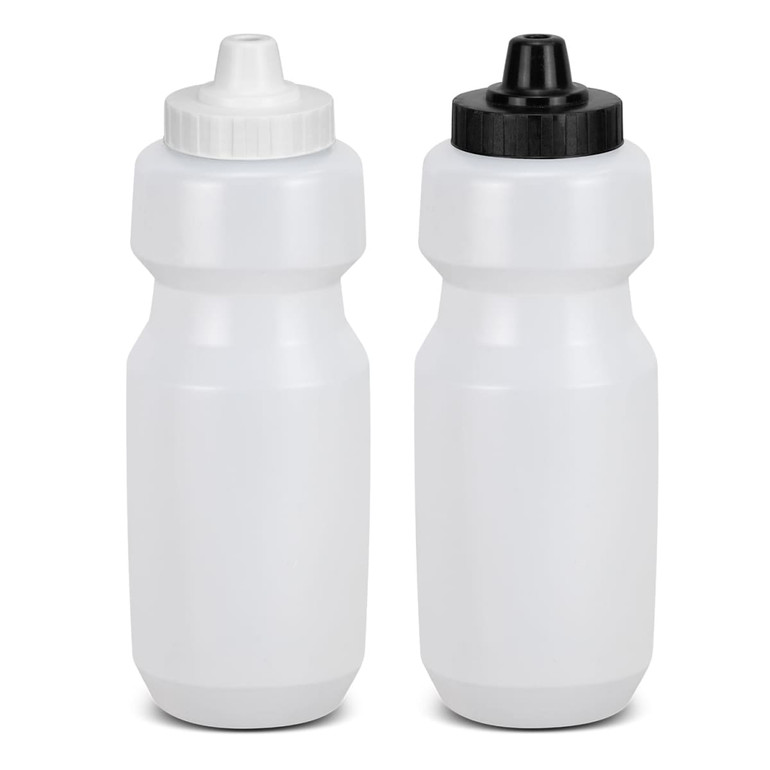 A drink bottle in white and black, featuring a sleek, minimalist design with caps ready for use.