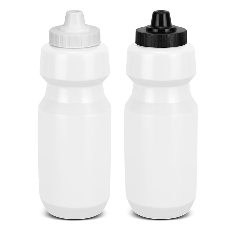 A drink bottle set featuring two white bottles, one with a grey cap and the other with a black cap. Each has a logo.