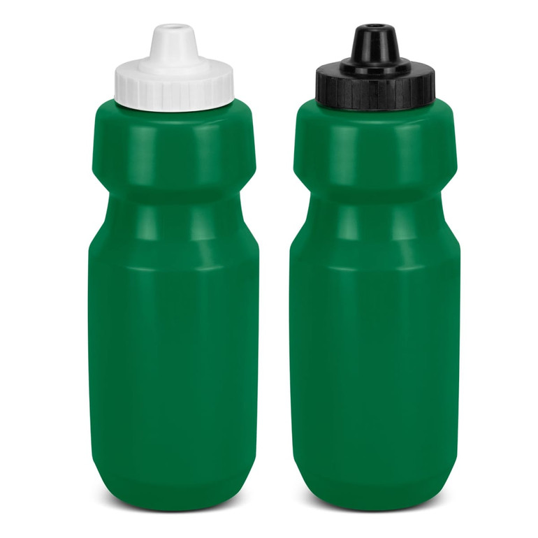 A drink bottle duo featuring green plastic design with white and black caps, each with a nozzle top.