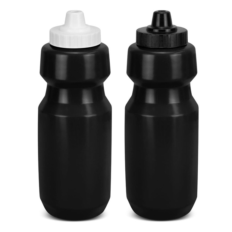 A drink bottle set in black with contrasting black and white caps, featuring a logo on each bottle.