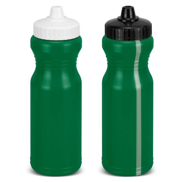 A drink bottle, green in colour, with one sporting a white cap and the other a black cap. Both feature a logo.