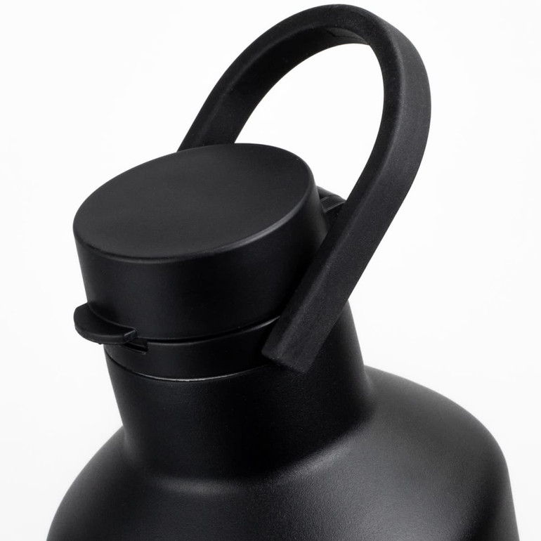 A drink bottle featuring a sleek black design with a carry handle and a screw-top lid.