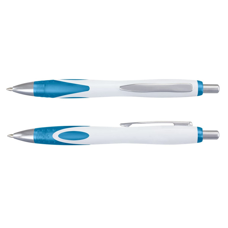 A plastic pen with a sleek white body and blue accents, featuring a silver clip and a rubber grip for comfort.
