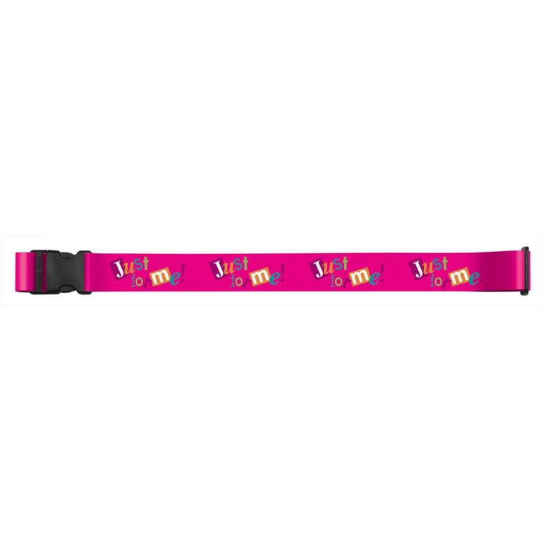 A pink luggage strap featuring a playful design with the words "Just lo me!" and a black buckle.