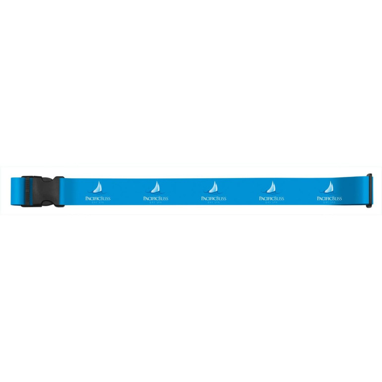A blue luggage strap featuring a sailing boat logo, designed for color customization and secure luggage identification.