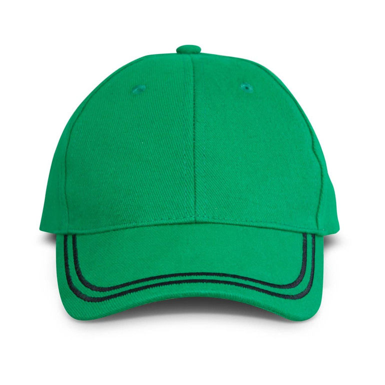 A green cap with a structured design and contrasting black stitching, featuring a logo on the front.