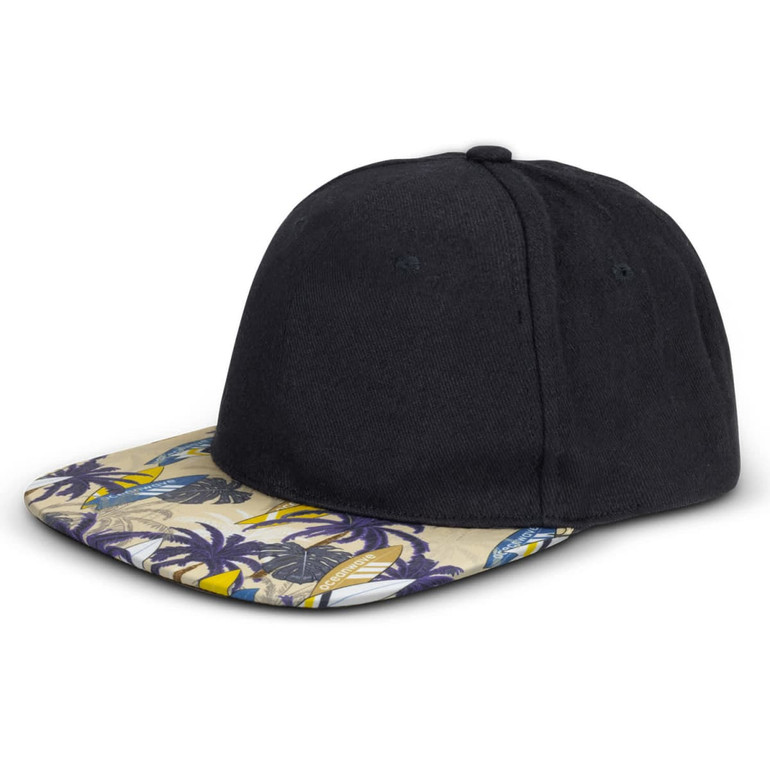 A black cap with a patterned flat peak featuring a tropical design in yellow, blue, and green tones.