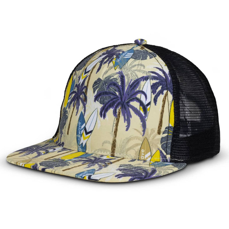 A flat peak cap with a vibrant palm tree and surfboard pattern, featuring a black mesh back.