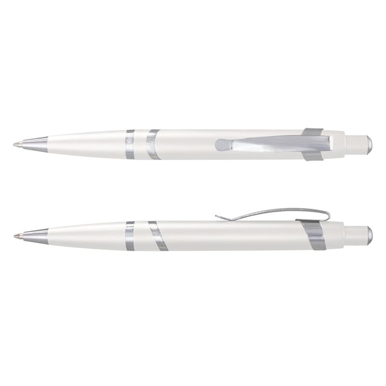 A white plastic pen with silver accents, featuring a clip and a smooth writing tip, plus an additional view of the same pen.