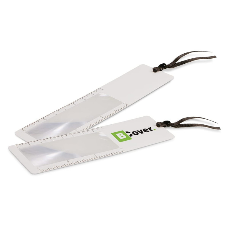 A Bookmark Magnifier in white with a transparent magnifying section and a brown tassel. It features a logo.