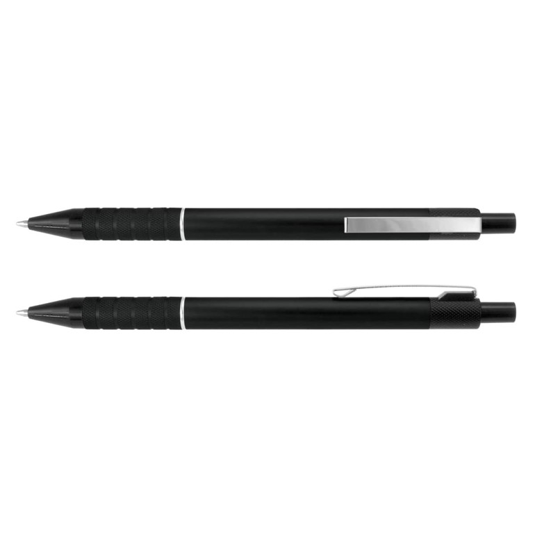 A black metal pen featuring a textured grip and a pocket clip, with a sleek design and silver detailing.