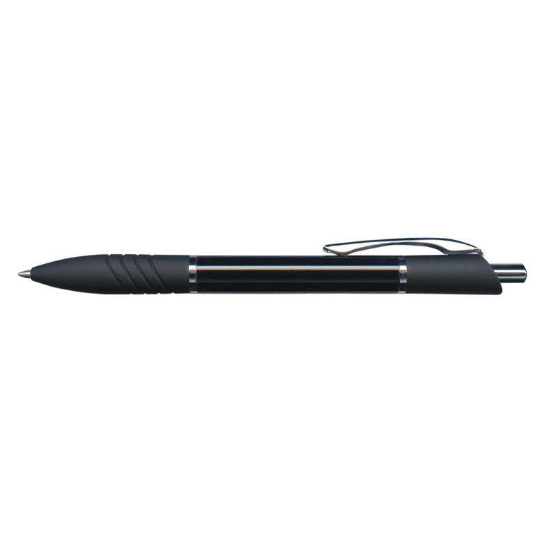 A sleek metal pen with a black finish and textured grip, designed for comfortable writing.