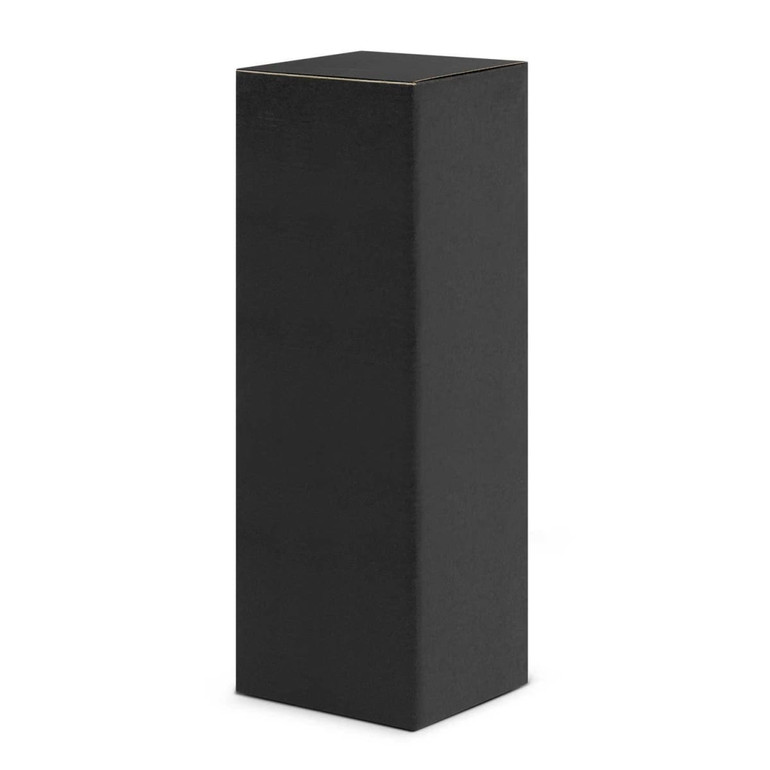 A drink bottle in a black packaging box with a sleek design and a subtle gold accent.