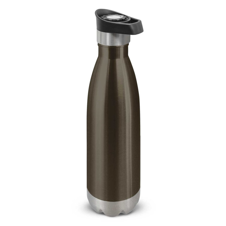 A drink bottle in dark green with a stainless steel base and a black push button lid. Features a logo.