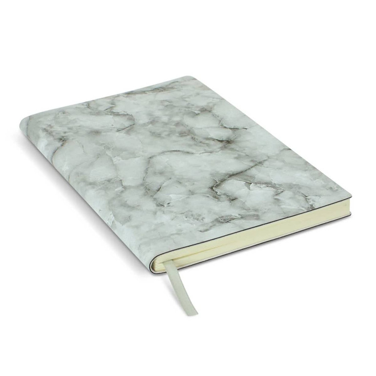A marble-patterned soft cover notebook in shades of grey with a ribbon bookmark. Features a simple branding logo.