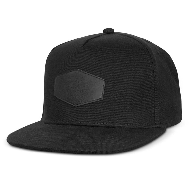 A black flat peak cap featuring a patch logo on the front. Ideal for casual wear and headwear.
