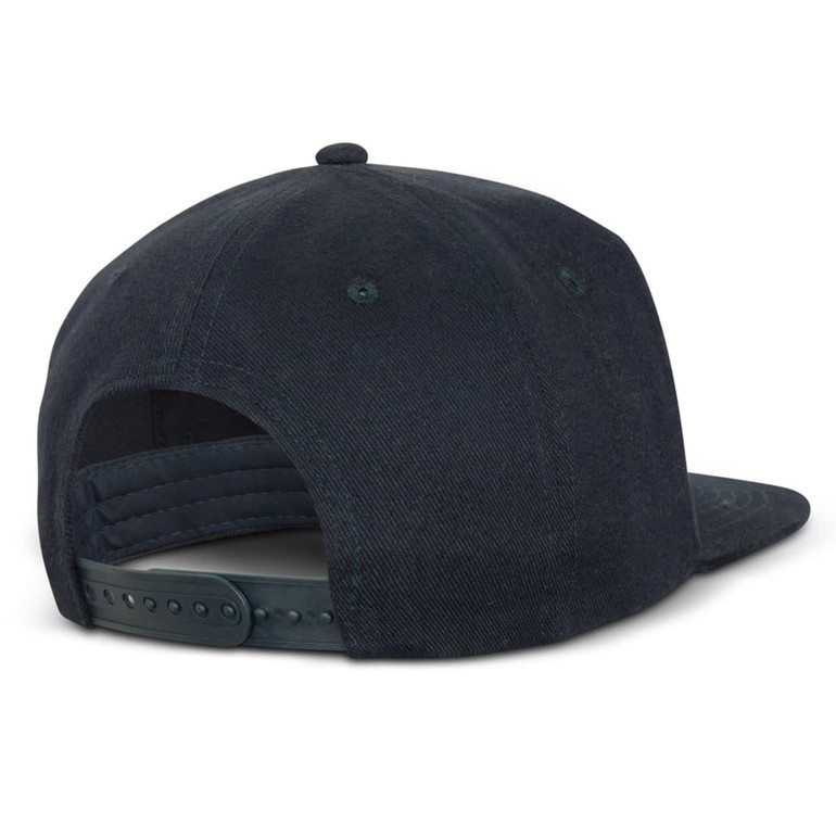 A black flat peak cap with a fabric patch and an adjustable snapback closure at the rear.