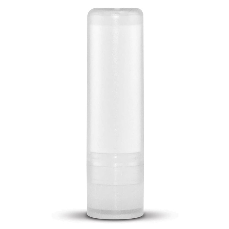 A lip balm tube in a clear, cylindrical design.