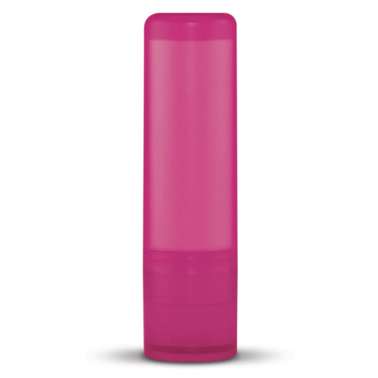 A lip balm container in a vibrant pink color with a twist-up design.