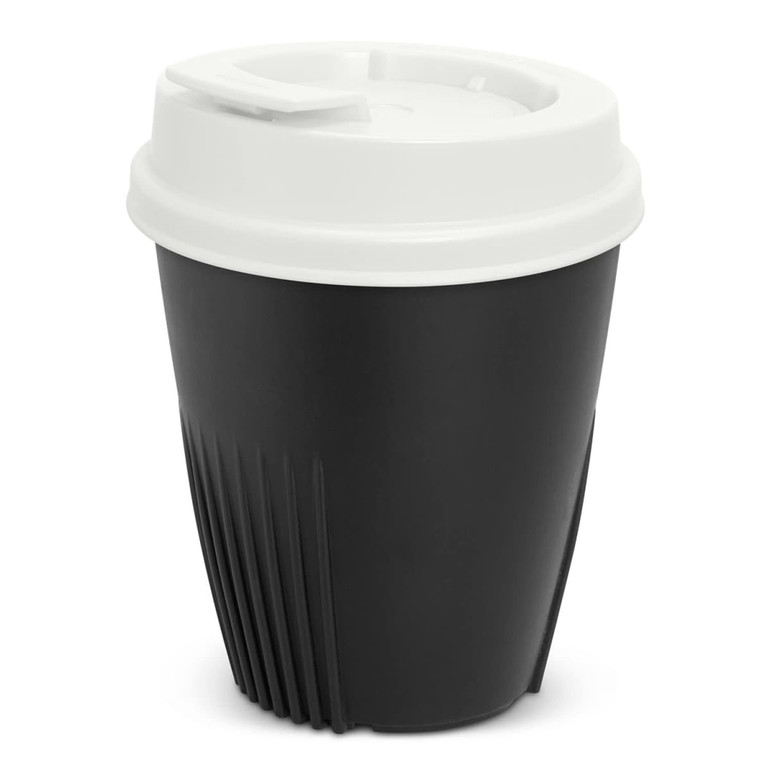 A drink bottle resembling a coffee cup, featuring a black body and a white lid, with a logo present.