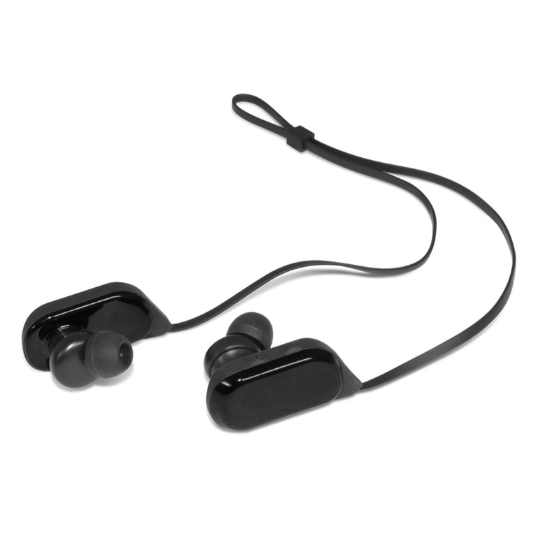 Sport Bluetooth earbuds in black with a connecting strap. Features a sleek design and silicone ear tips.