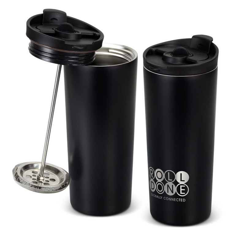 A drink bottle in black with a lid, a filter, and a logo. It features a sleek, modern design.