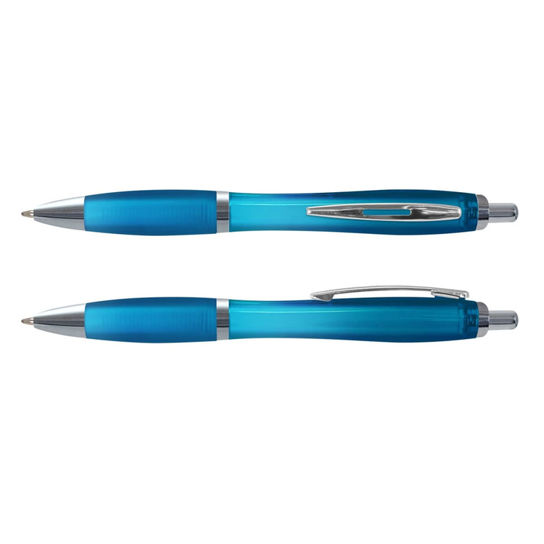 A translucent blue pen featuring silver accents, displayed in a top and side view, with a logo on the barrel.
