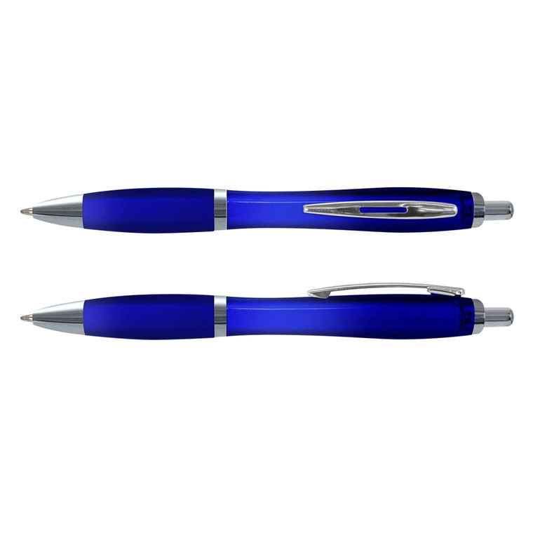 A blue translucent pen with silver accents, featuring a clip and a smooth writing tip, alongside a capped version.
