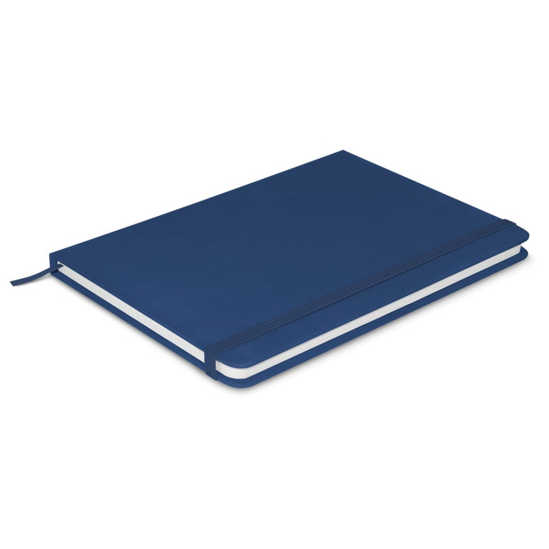 A navy blue Omega Notebook with a sleek design, featuring a ribbon bookmark and an elastic closure.