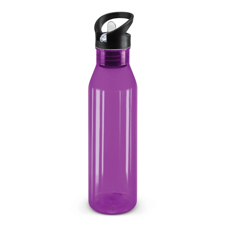 A drink bottle in a translucent purple color with a black cap and a flip-top lid.