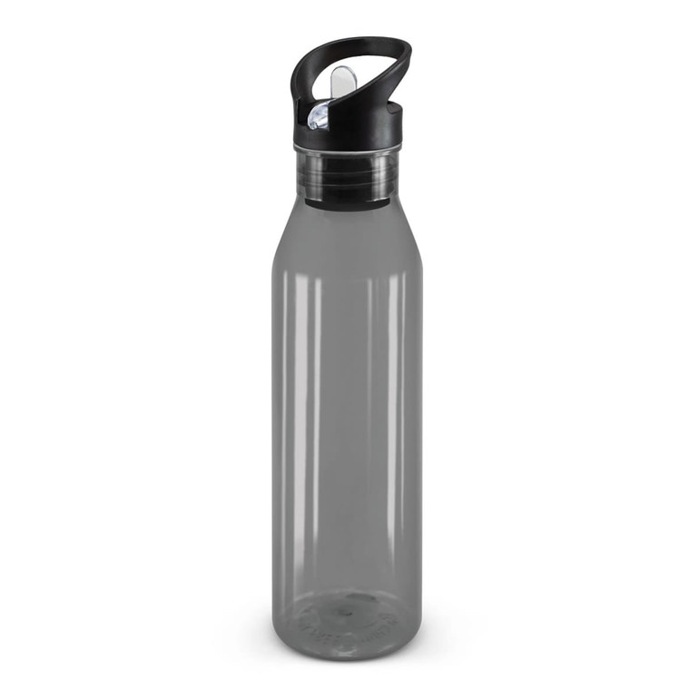 A drink bottle with a translucent gray body and a black screw-on lid featuring a spout.