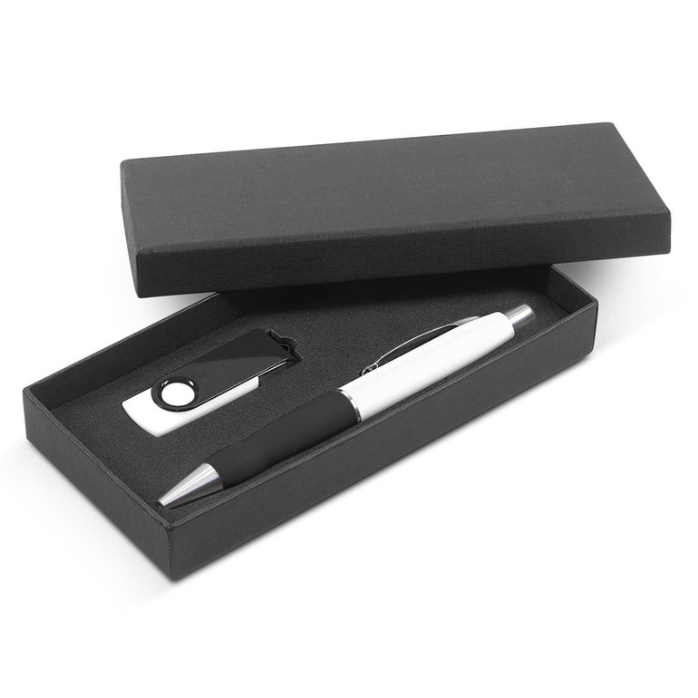 A gift set featuring a sleek pen and a stylish keychain in a black presentation box.