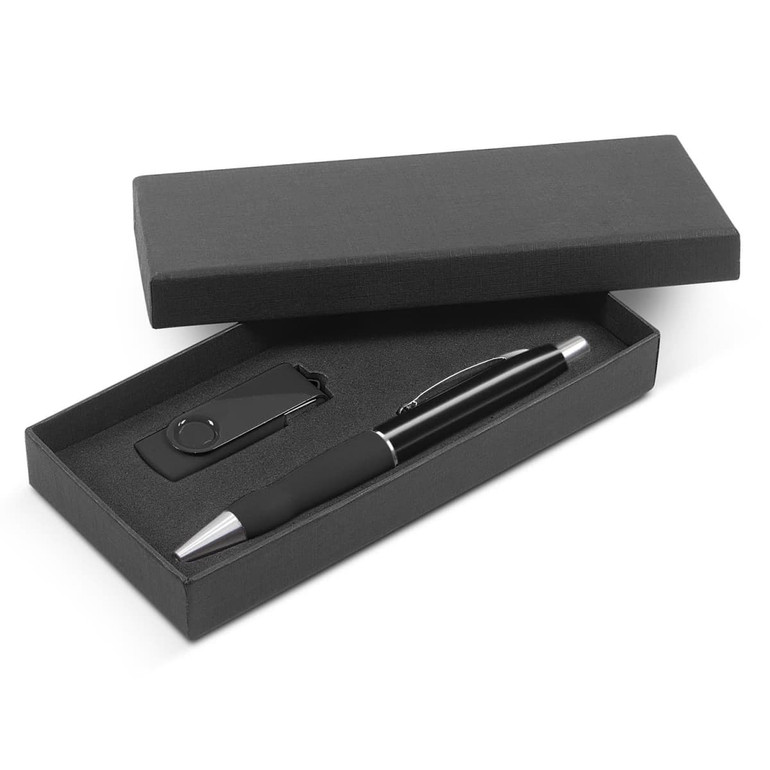 A sleek black pen and a matching USB drive presented together in a stylish gift box.