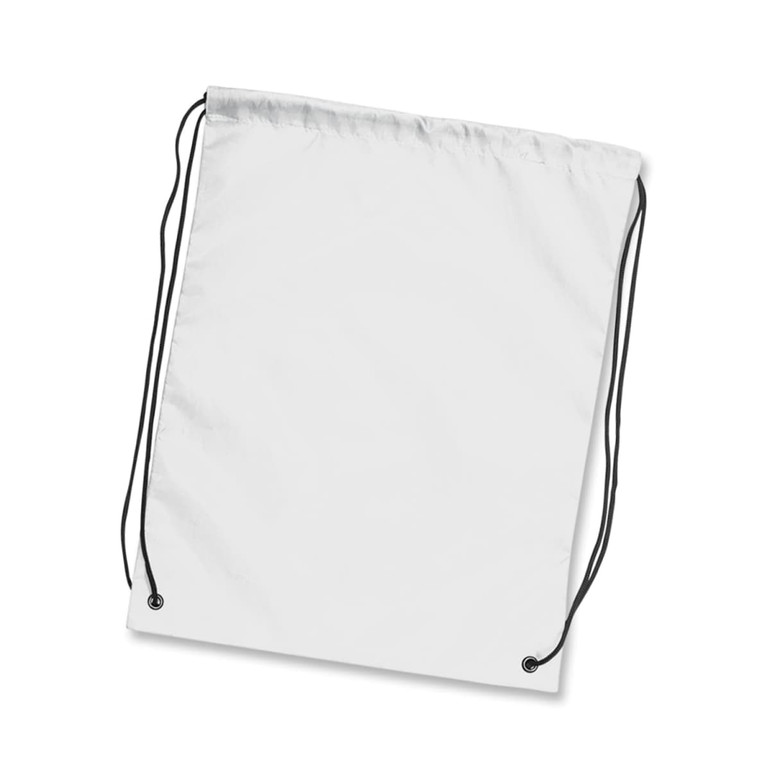 A white drawstring backpack with black cords, featuring eyelets at the bottom corners and a smooth surface.