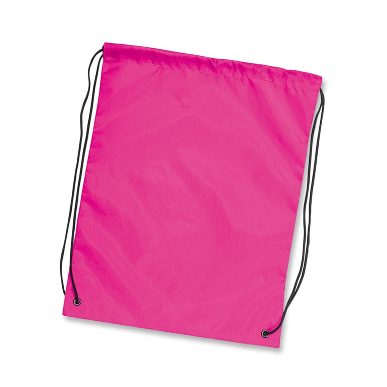 A bright pink drawstring backpack with black cords for closure and adjustable straps. It features a simple design.