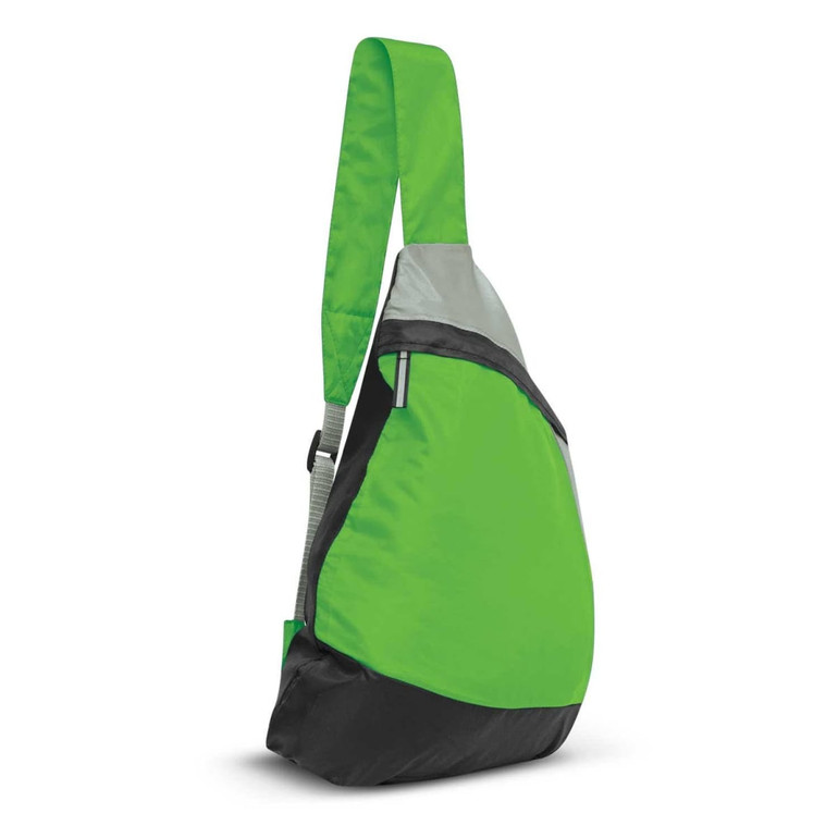 A green and gray slinger bag featuring a single adjustable shoulder strap and a large front pocket.