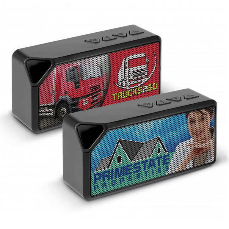 Two Bluetooth speakers in black featuring different graphics on their front panels, showcasing logos and images.