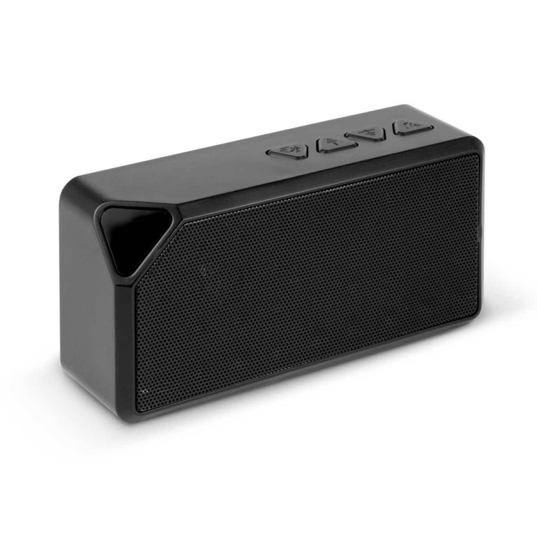 A compact black Bluetooth speaker with speaker grille and control buttons on top, featuring a small angled design.