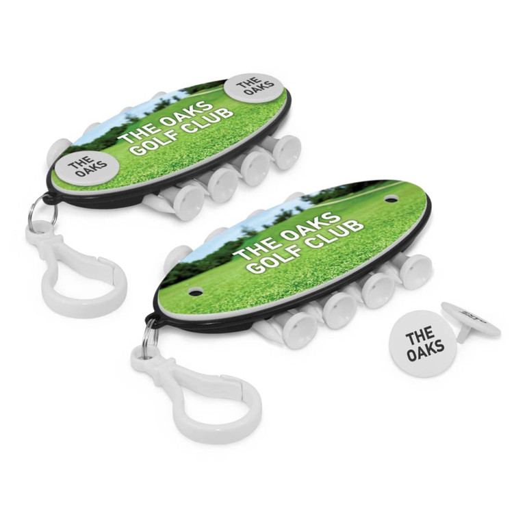 A golf accessory kit featuring a black and white design with multiple tees, a ball marker, and a keyring attachment.