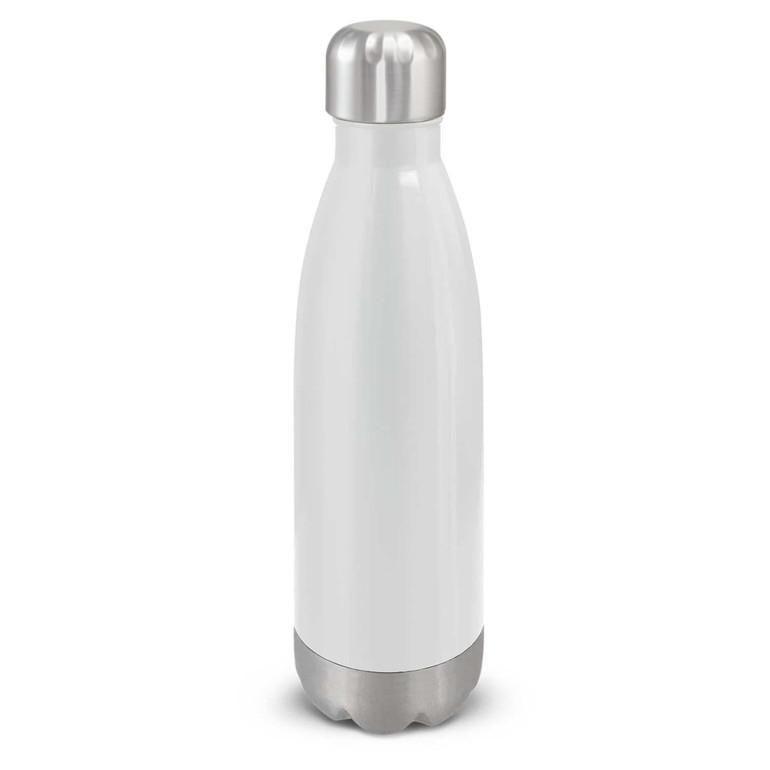 A drink bottle in matte white with a stainless steel base and cap, featuring a logo.