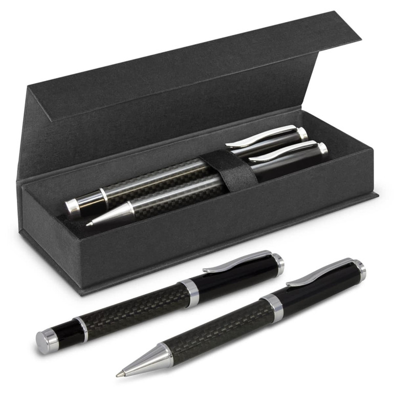 A sleek gift set featuring two elegant black pens with silver accents, presented in a stylish black box.