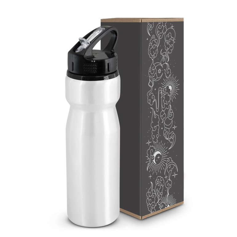 A drink bottle with a white body and black flip cap, presented next to a decorative box featuring a design.
