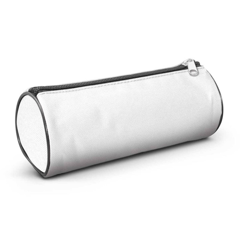 A pencil case with a cylindrical shape, featuring a white exterior and a black zipper.